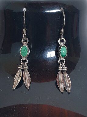 Vintage Navajo Native American Sterling Silver Green Turquoise Feather Earrings